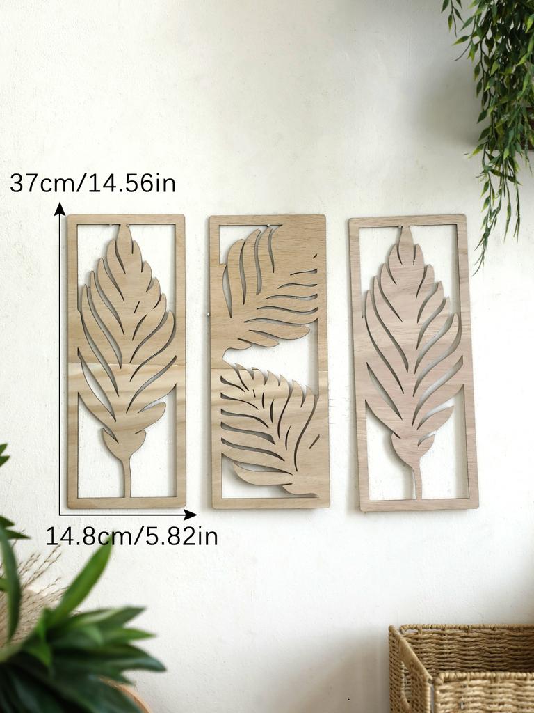3 Stück Holz Kunst Wanddeko Boho Blatt Schild Wandakzent Rustikal Palmblatt Holz Wandbehang Skulptur Vintage Tropische Pflanze Deko