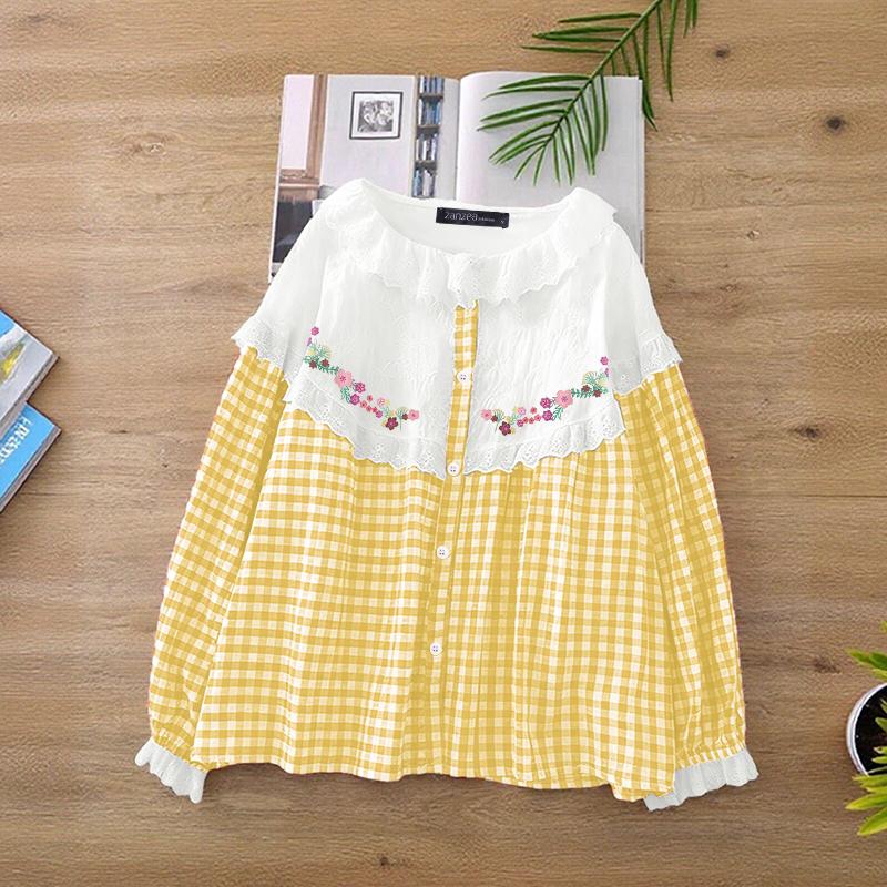 ZANZEA Women Lace Patchwork Casual Long Sleeve Grid Print Blouse