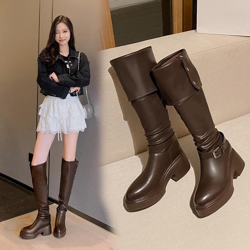 Women's Chunky Heel Over-the-Knee Slouchy Boots with Buckle and Fold-Down Collar