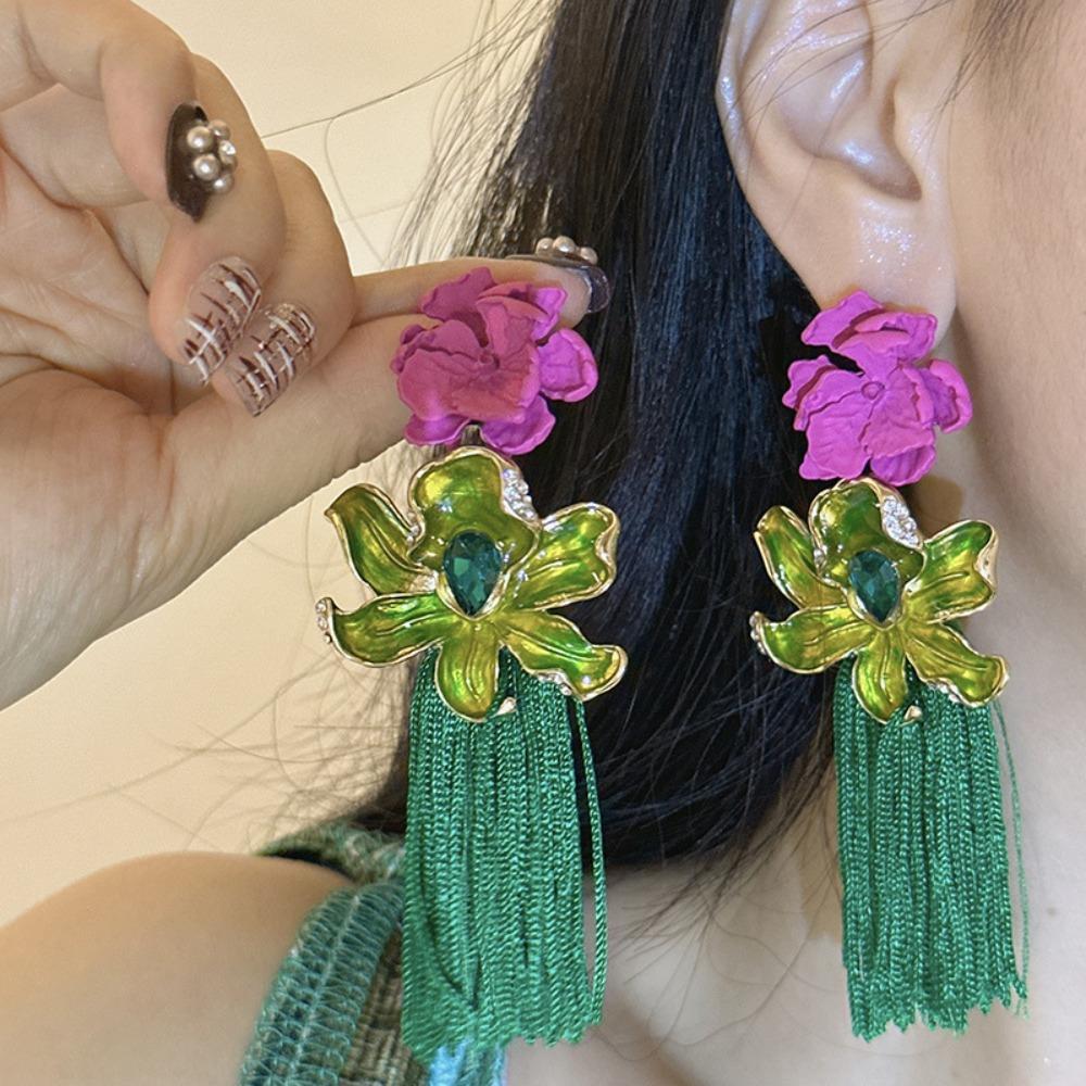 Tassel Flower Drop Earrings Rhinestone Sweet  Earrings Trendy Bohemian Earrings Women  Gift