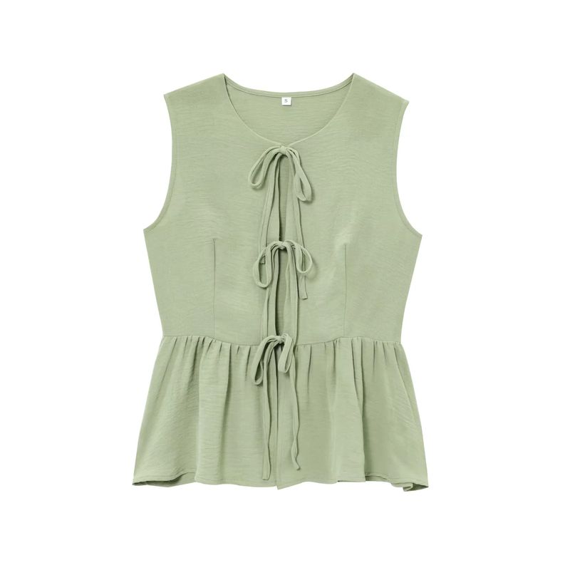 

Spring and Summer New Women s Clothing Minimalist Wind round Neck Sleeveless Short Shoelace Tops Loose Vertical Horn Pants Pea Green Tops L