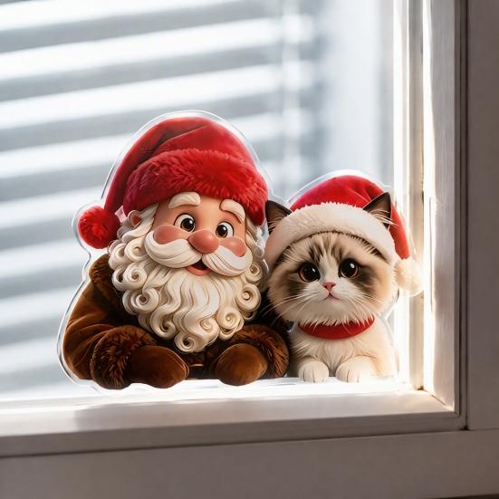 Reusable PVC Window Film Christmas Santa Claus & Cat Static Clings, Waterproof Glass Stickers, Holiday Stickers Decorative Decals for Home Doors Store