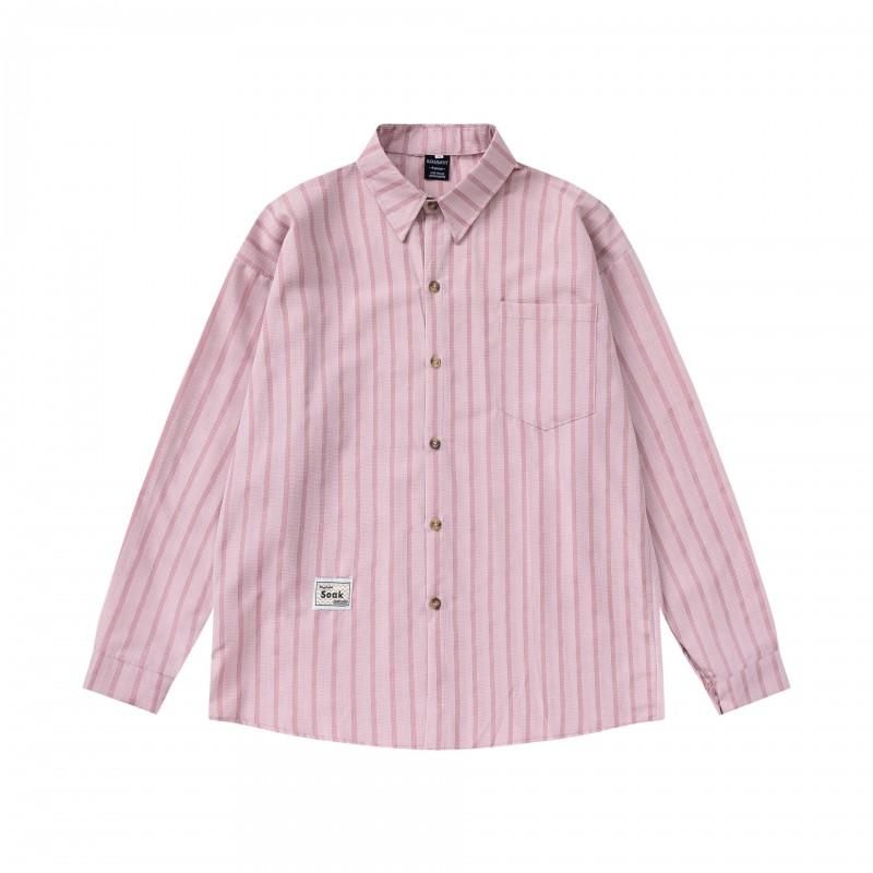 Japanese Vintage Striped Long Sleeve Shirt Men Loose Fit Casual Top With Pocket