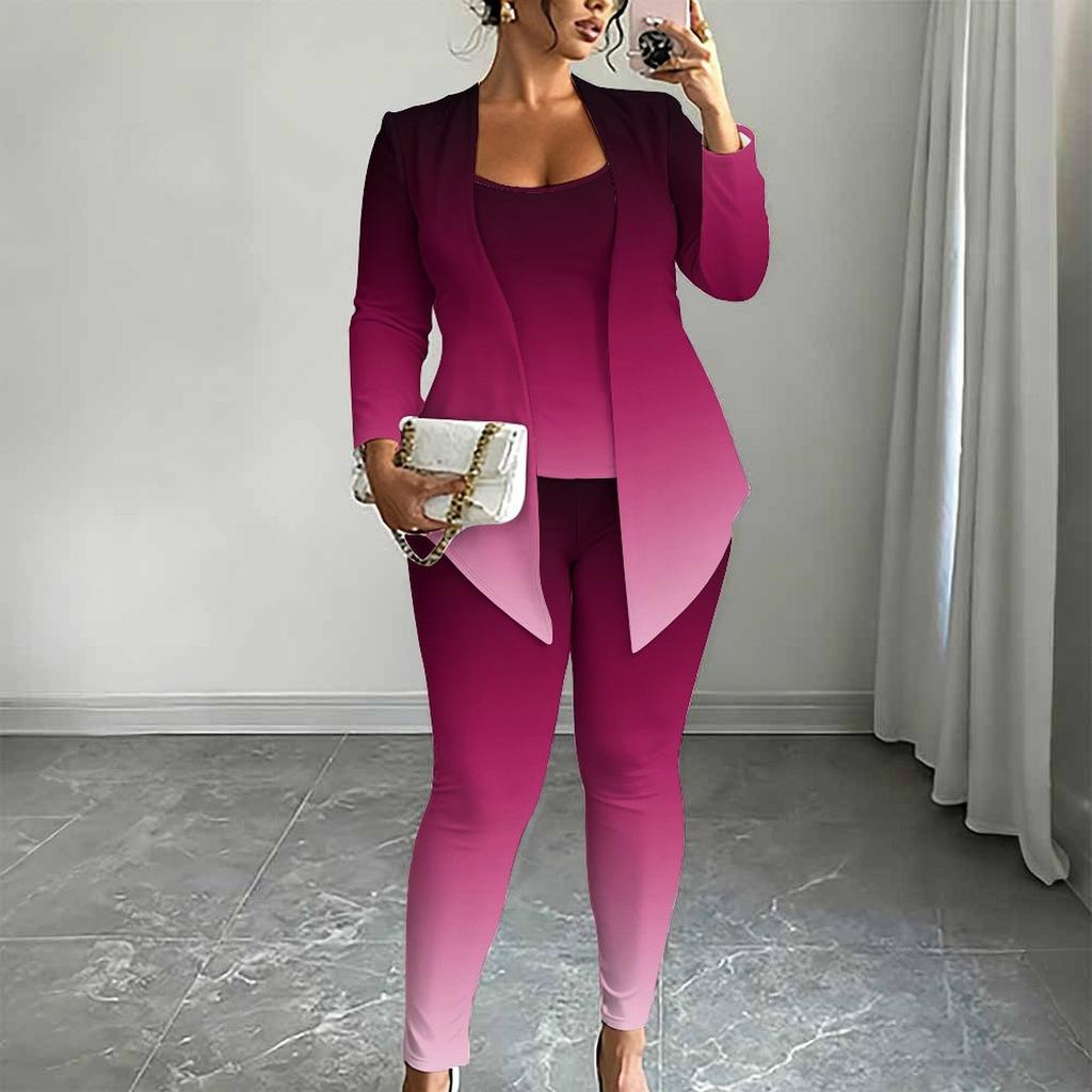 Plus Size Sommerfuglprint 3-delt Antrekk, Langermet Åpen Cardigan, Topp og Leggings Sett for Kvinner