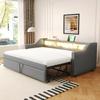 Gestoffeerd Bed Uitschuifbaar Slaapbank 90/180 x 190 cm, Multifunctioneel Opbergvak, LED-verlichting en USB-aansluiting, met Lattenbodem, Lichtgrijs