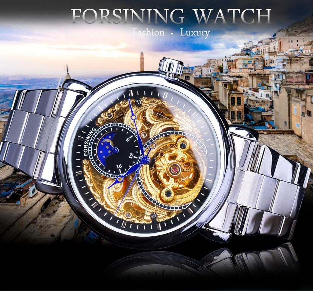 FORTINING Herren Automatische Analoguhr, Mode Skelett Tourbillon, Wasserdicht Mondphase Leder Mechanische Uhr (Silber & Schwarz & Stahlstreifen)