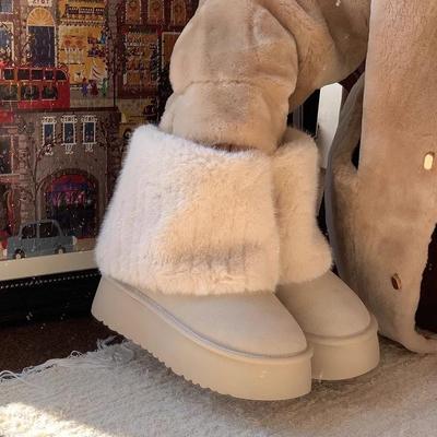 Island Schneestiefel: Faux-Nerzfell, Fleecegefütterte Warme Dicksohlige Baumwollstiefel für Übergrößen-Damen (35-43 Fuß).
