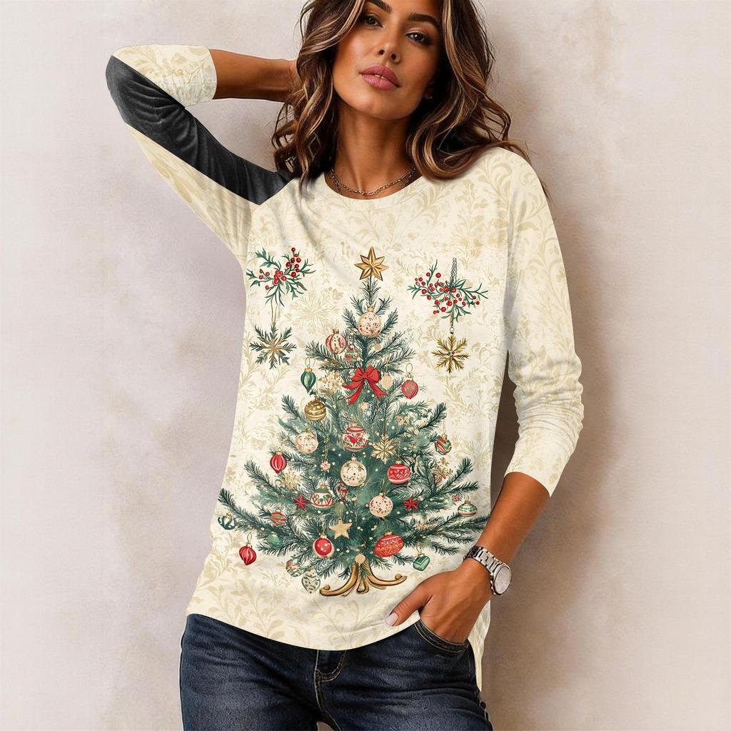 Women's Christmas Print Neck Long Sleeve Pullover Top