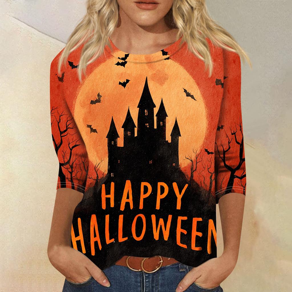 Women's Casual Round Neck Three Quarter Sleeve Halloween Print T Shirt Top Lightweight Soft Fabric Comfortable Fit