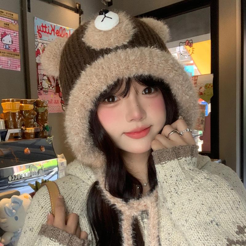 Cute bear plush hat female winter face small bucket hat warm ear protector tether basin hat knitted wool hat