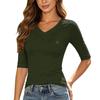 Women's Casual Color V-Neck 3/4 Sleeve Slim Fit Versatile Everyday Pullover Top