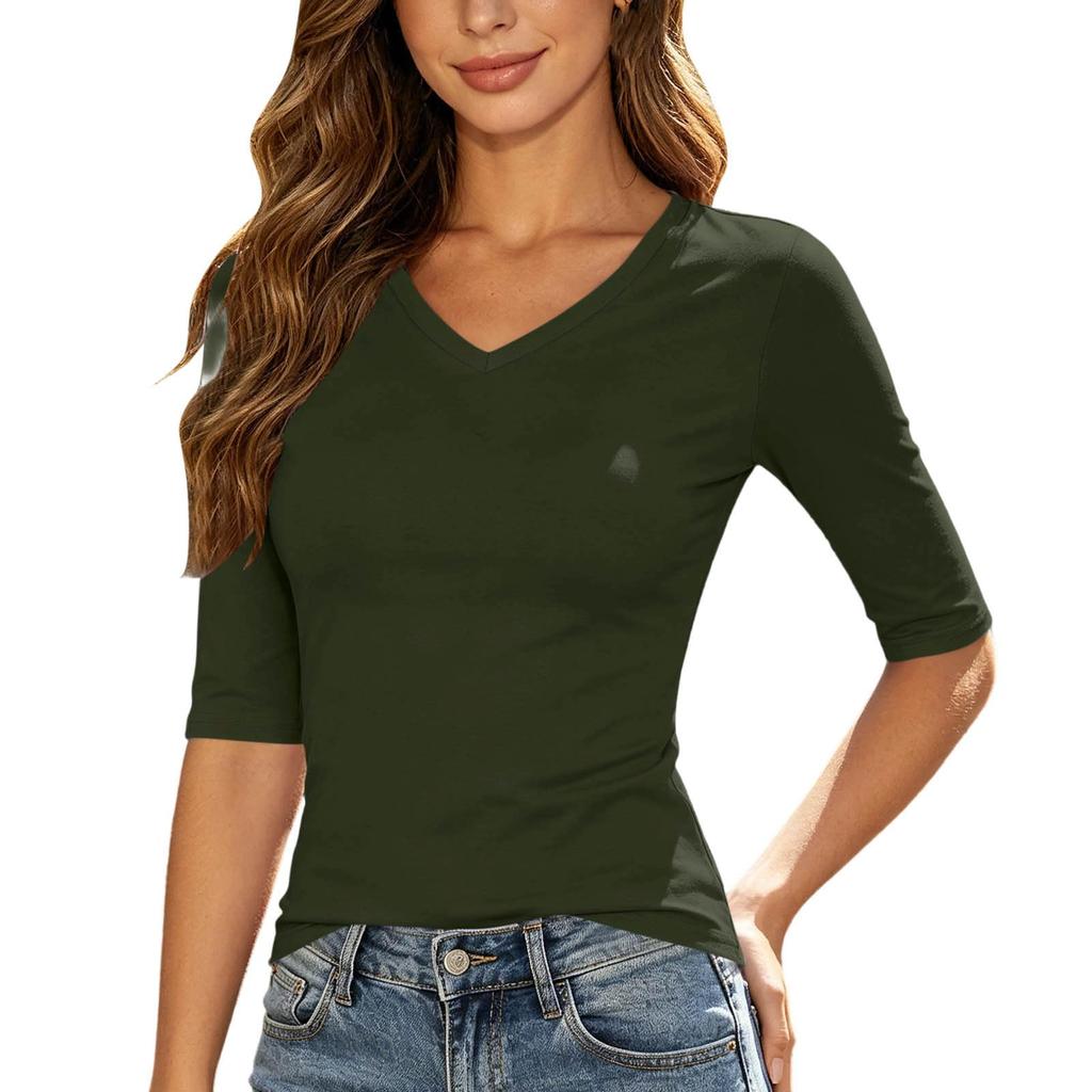 Women's Casual Color V-Neck 3/4 Sleeve Slim Fit Versatile Everyday Pullover Top