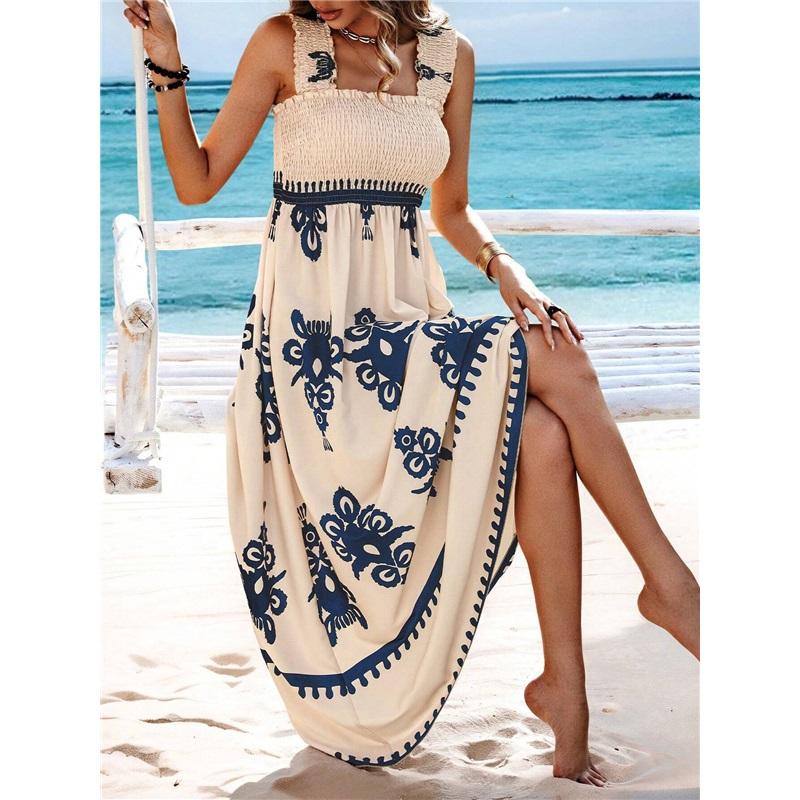 Summer New Style Women's Ladies Dress Printed Front Cross Sleeveless Loose Casual Beach Dress