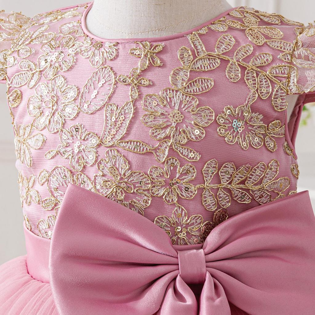 Girls' Elegant Lace Princess Evening Dress with Train for Special Occasions