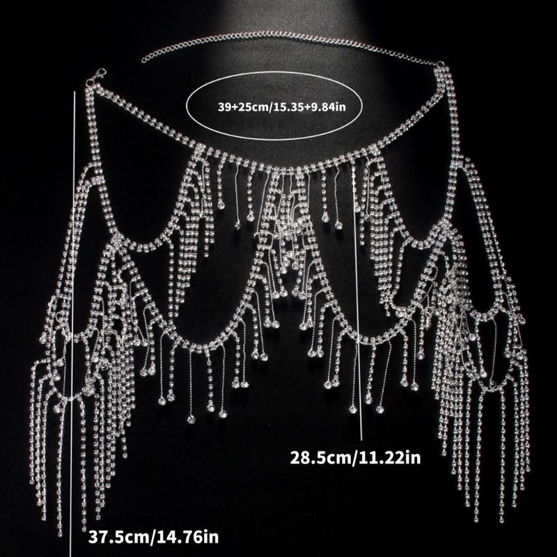 Mehrlagige Fransen Schulterkette Körperschmuck mit Kristall Strasssteinen für Frauen Party Hochzeitsaccessoires
