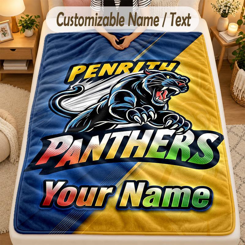 Flannel BlanketPenrith Panthers Custom Name Text Personalized Soft Warm Throw Blanket Home Decor Gift