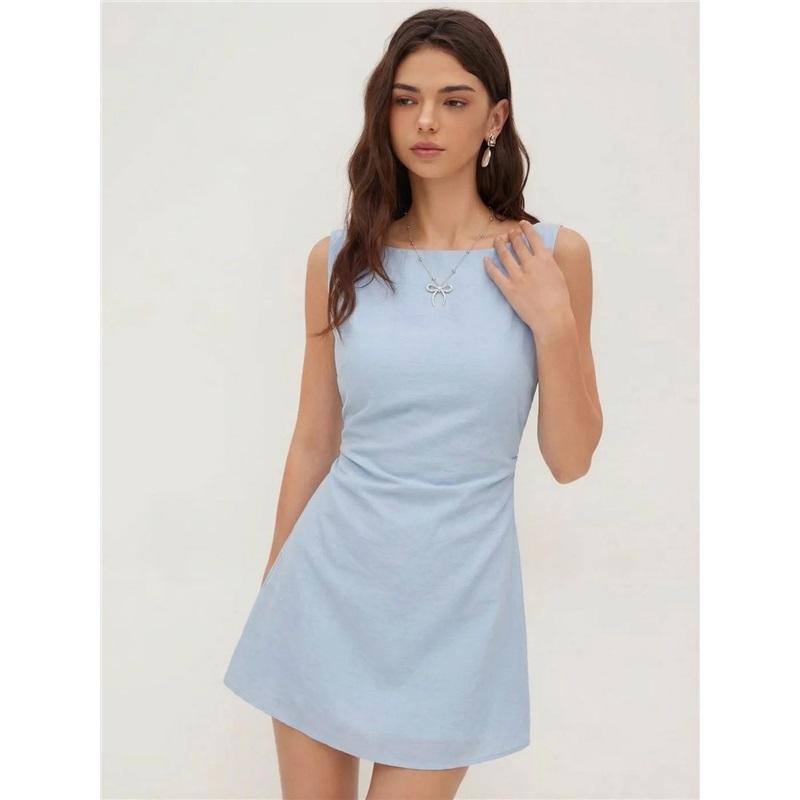 Women Square Neck Sleeveless Mini Dress Backless Bow Tie Design Slim Fit A Line Short Dress Elegant Party Club Bodycon Dress