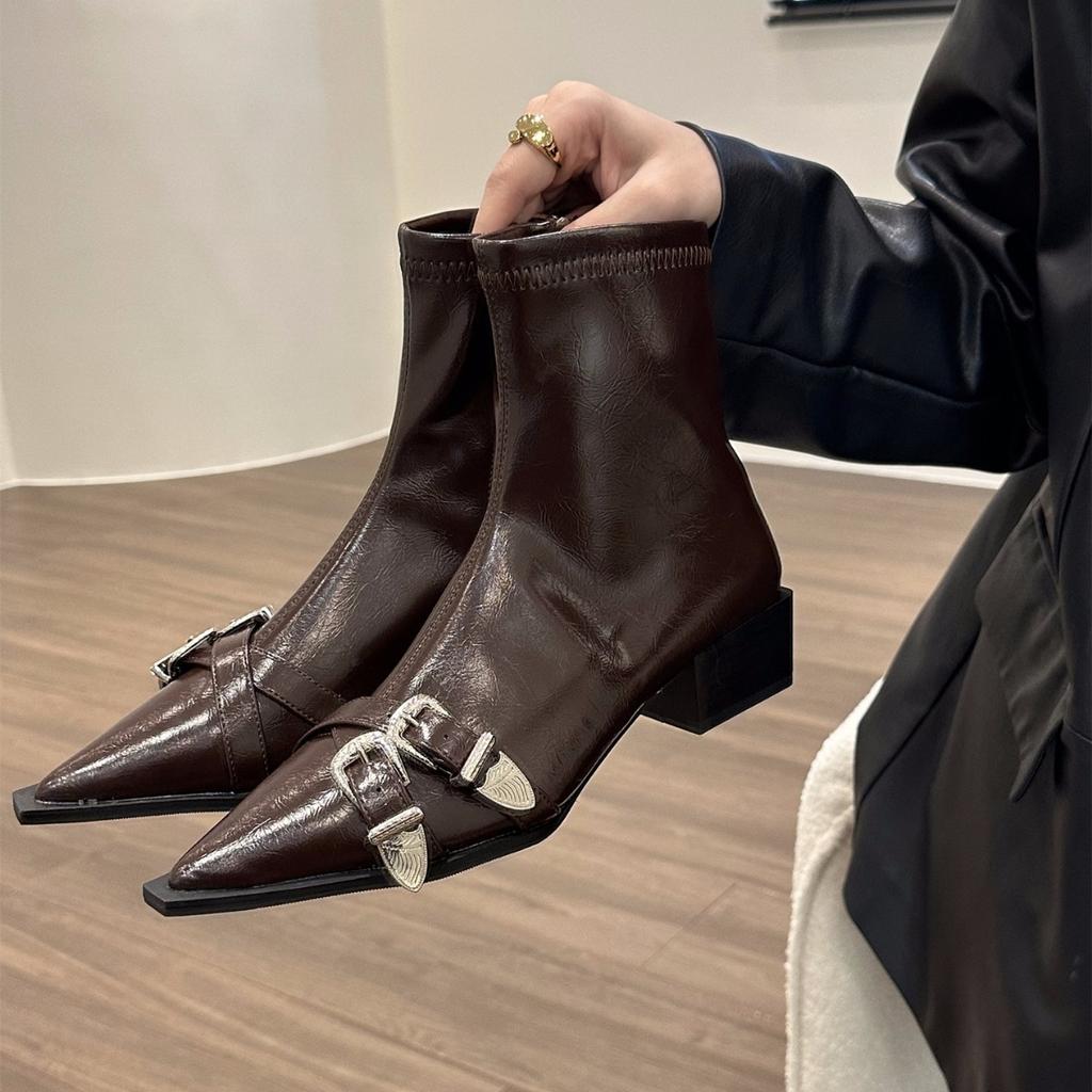 Thick Heel Pointed Temperament Thin French Small Short Boots Women's Shoes 2024 New Spring and Autumn Single Boots Black Martin Boots