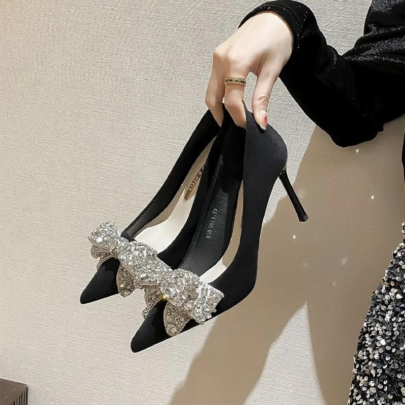 New Bowknot Pointed Toe High Heels Pumps Women's Stiletto White Pearl Bridal Wedding Shoes Banquet Party Dress Shoes