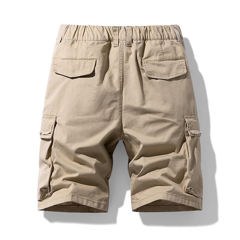 Mens Vintage Cotton Cargo Shorts Half Elastic Waist Multi Pockets Outdoor Trousers Men Knee-Length Casual Work Shorts