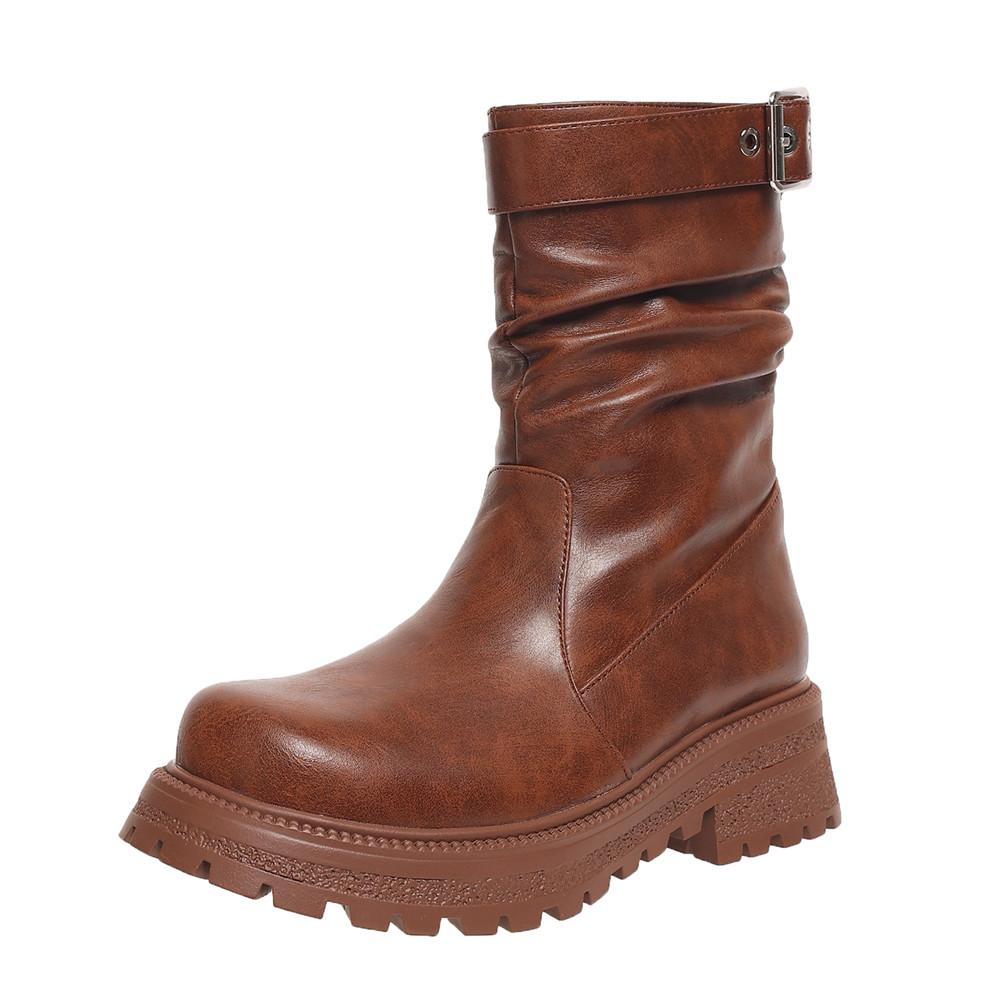 Fashion Women's Platform Chelsea Boots PU Leather New Autumn Winter Fashion Ankle Boots Retro Pleated Marton Boots Ladies Zapatos Mujer