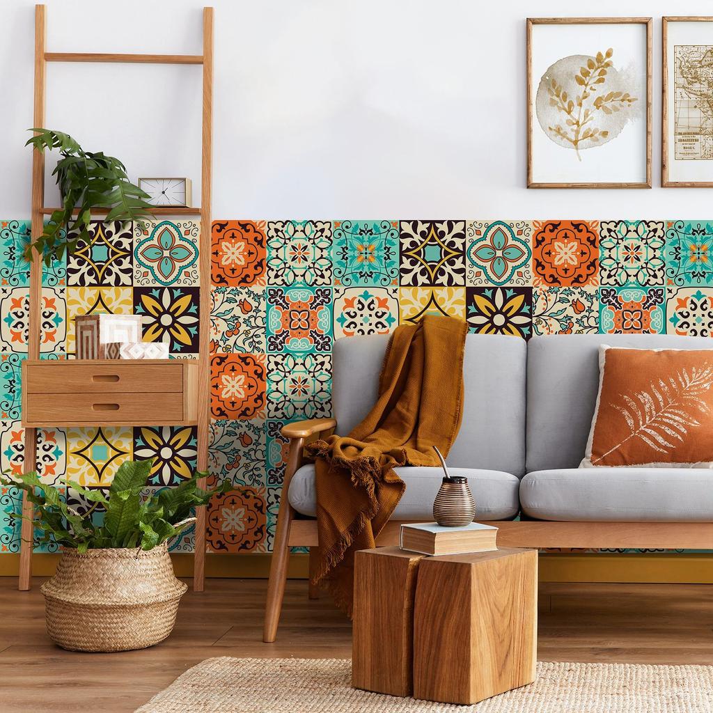 40Pcs Moroccan Retro Tile Stickers - 0.45mm Thickened Crystal Film PVC Decals - Waterproof Self-Adhesive Floor & Wall Mural for Kitchen Bathroom DIY