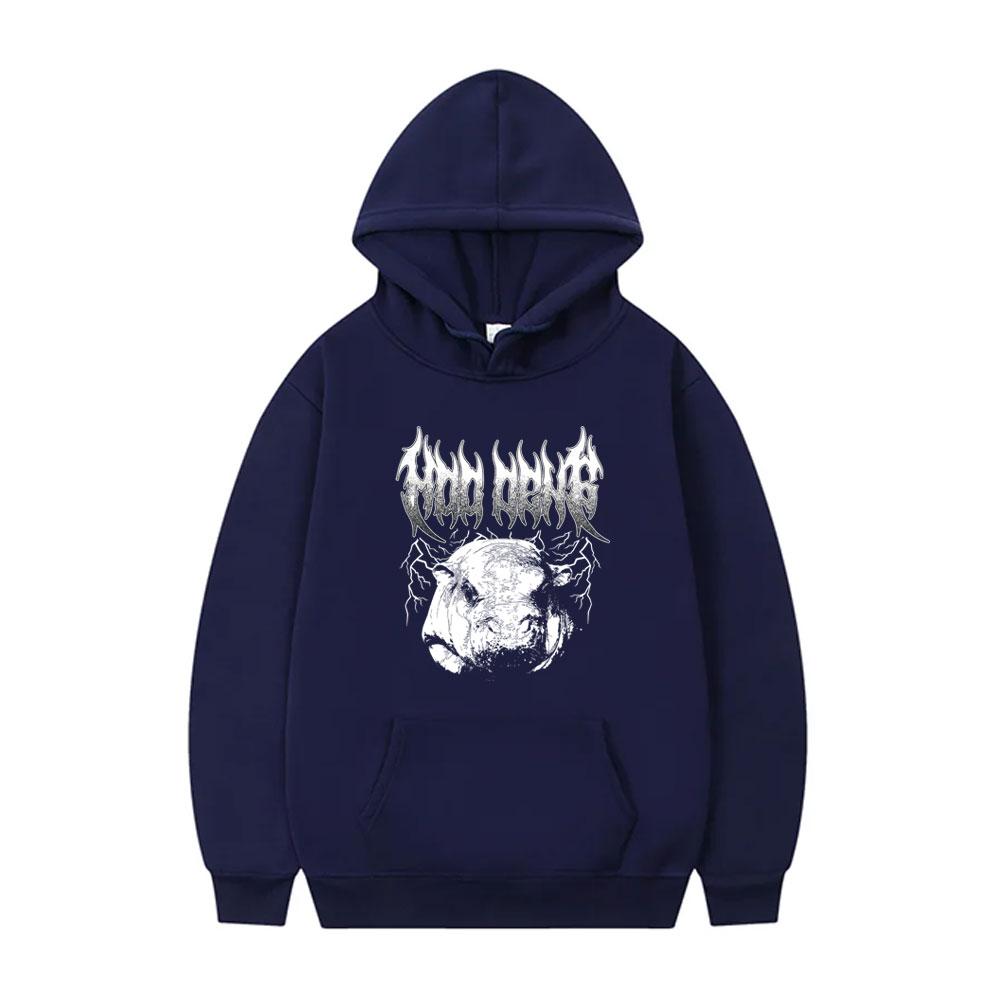 Vintage Moo Deng Print Hoodie Fuuny Baby Hippo Meme Hooded Sweatshirt Men Women Fashion Casual Oversized Fleece Cotton Hoodies