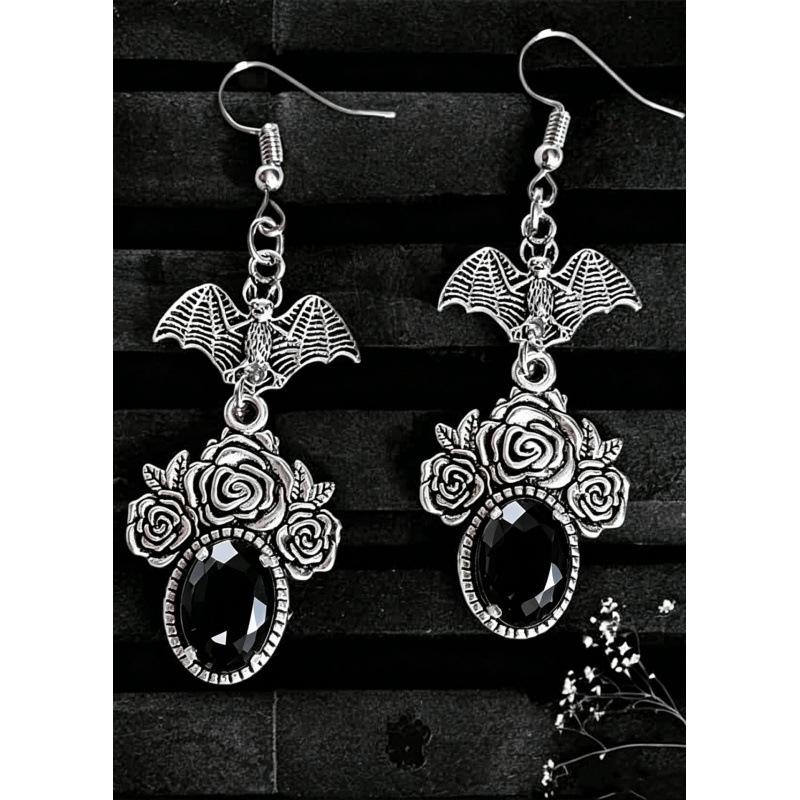 Gothic Shadow Wings Bat & Vampire Red Glass Rose Earrings