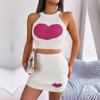 Women Spring Summer  Halter Neck  Sleeveless Heart Knitted Warp Hip Skirt Suits