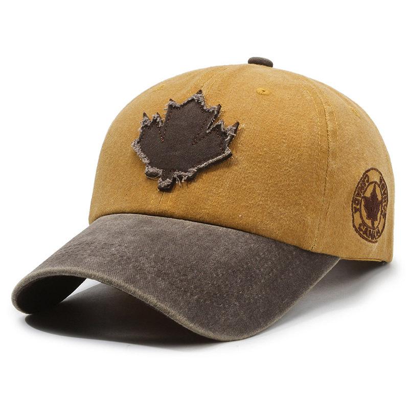 Pure Cotton Color Block Baseball Cap Washed Cotton Hat Maple Leaf Patch Sun Hat