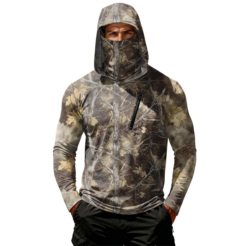 Men's Casual Leaf Camouflage Print Hooded Long Sleeve Sun Protection Shirt Lightweight Breathable Outdoor Top with Zipper Pocket