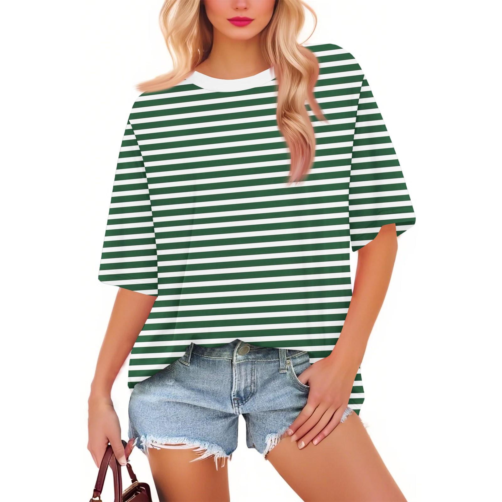 Women s Fashion Casual Floral Loose Round Neck Short Sleeve Trendy Holiday T-shirt Top L армия зеленый