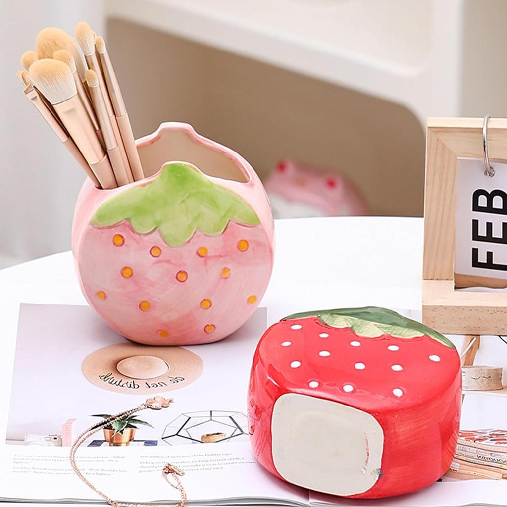 Toothbrush Holder Strawberry Pen Holder for Desk Cute Pink Vase Decor Makeup Brush Pencil Holder Kawaii Desk Accessories Aesthetic Office Home Decor
