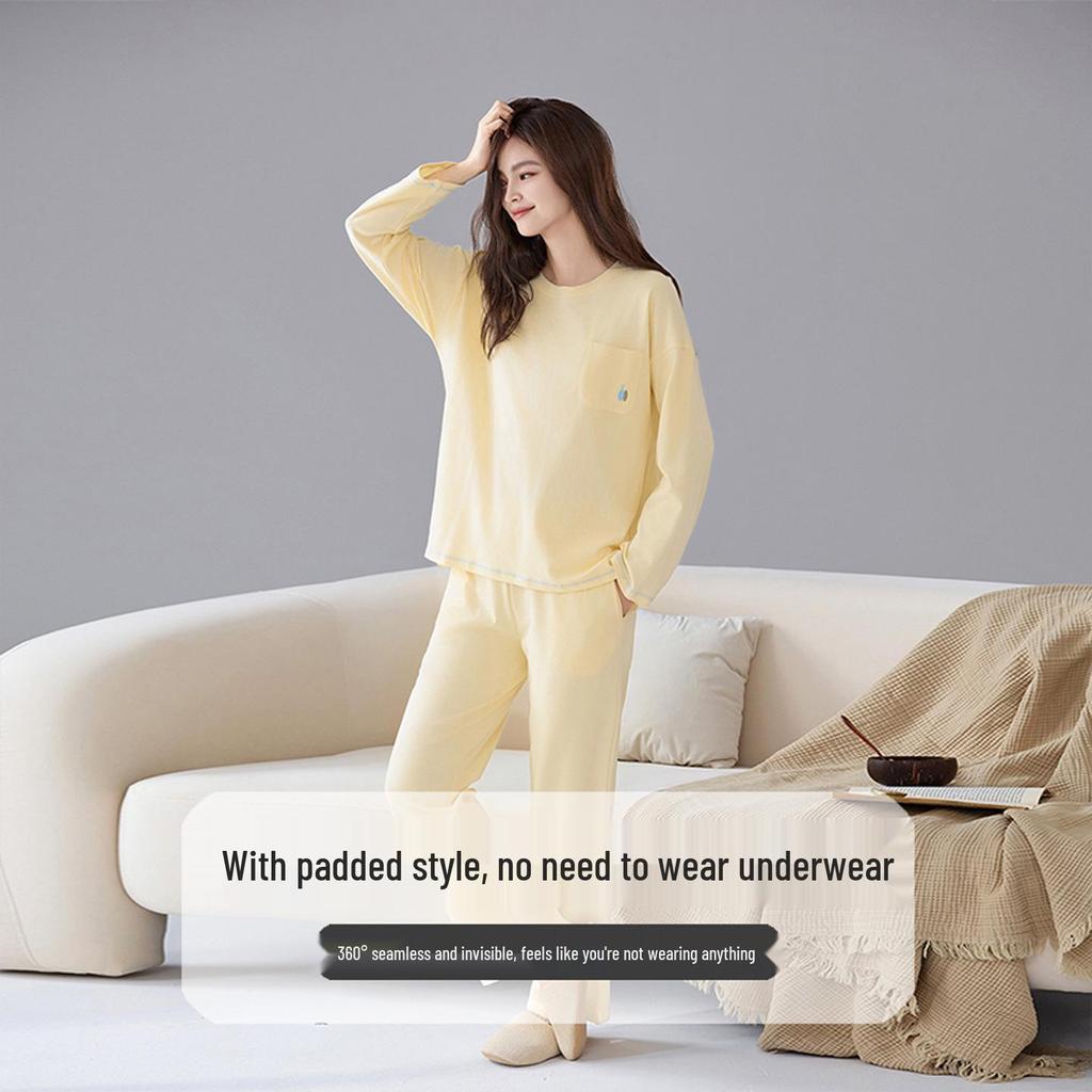 Women's Pure Cotton Pajamas with Chest Pad - Long Sleeve, Plus Size, for Autumn/Winter. Wearable Outdoors, Loose Fit Homewear.
