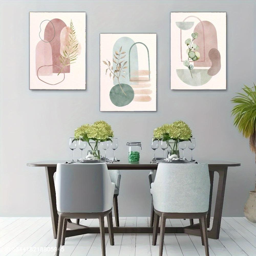 3pcs Frameless,Contemporary Wall Decor with Abstract Shapes,Bohemian Style Typography,Green,Pink and Beige Color Leaf Prints