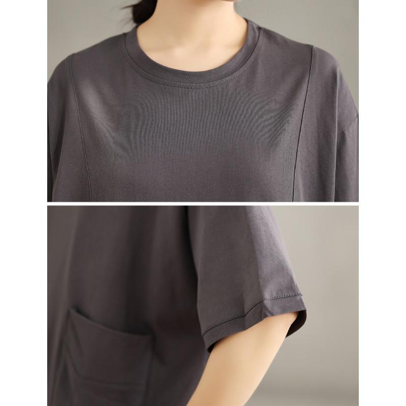 DIMANAF 2025 Summer T-Shirt Plus Size Women Casual Pockets Solid Short Sleeve Loose Tops