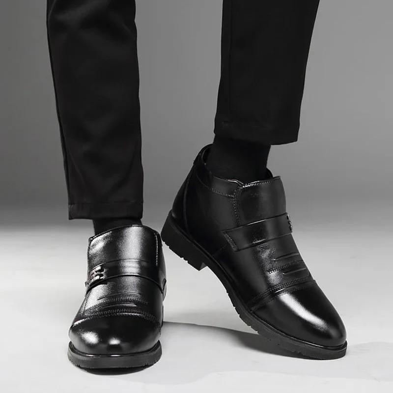 High Quality Black Leather Winter Thick Plush Warm MEN'S Ankle Snow Boots Fashion Style Business Dress Male Shoes Party Footwear
