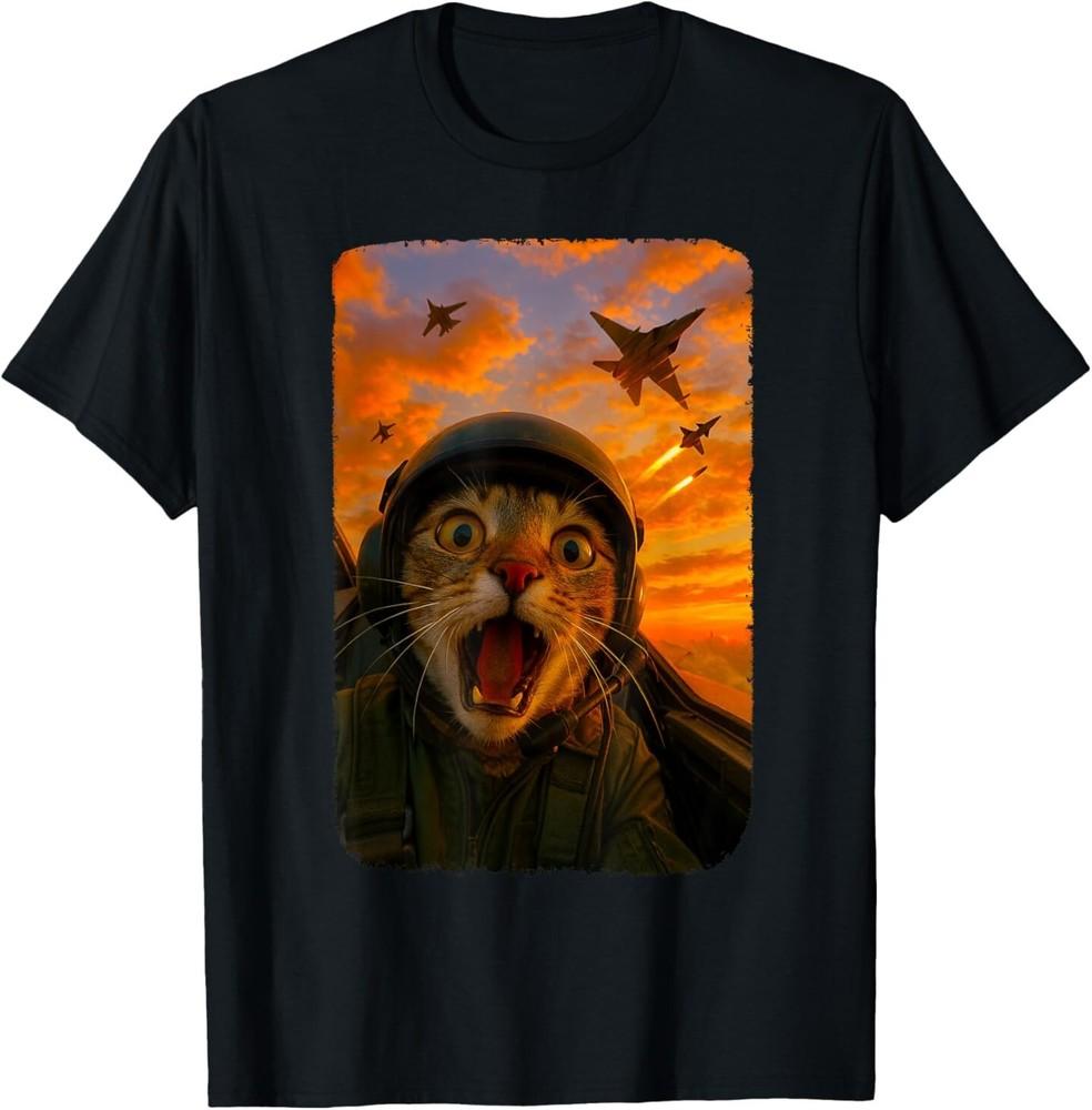 Funny Screaming Cat Fighter Jet Pilot Kitty Selfie T-Shirt Unisex T-Shirt XXXL