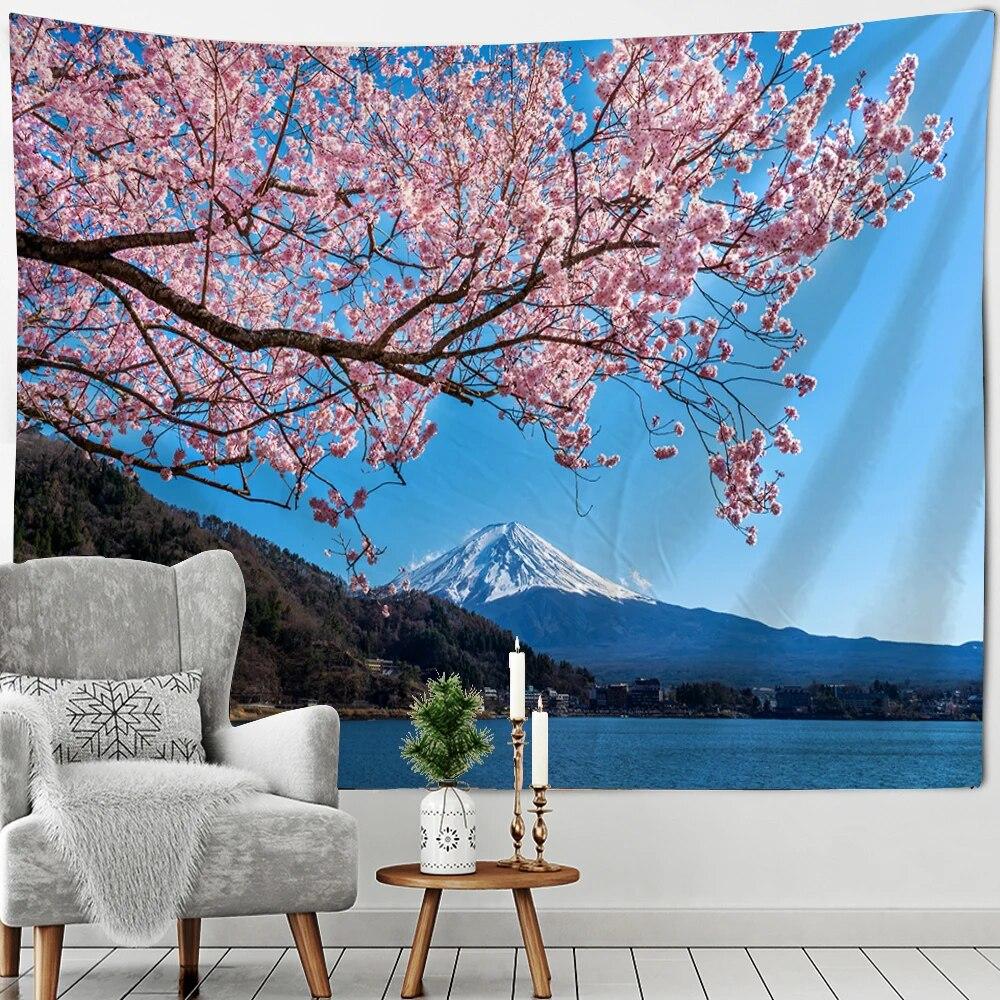 Beautiful Mount Fuji Sakura Pagoda Landscape Wall Hanging Tapestry Decorative Art Suitable for Living Room Room Home Decor