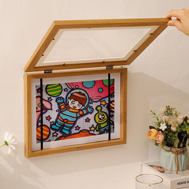 Children's Magnetic Picture Frame with Flip Cover, Holds 150 A4 Sheets, Punch-Free Wooden Design