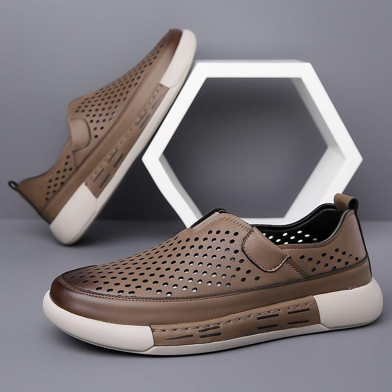 Shoes Men's Summer New Men's One-pedal Hollow Board Shoes Texture Online Casual Leather Shoes Soft Sole Breathable Men's Shoes
