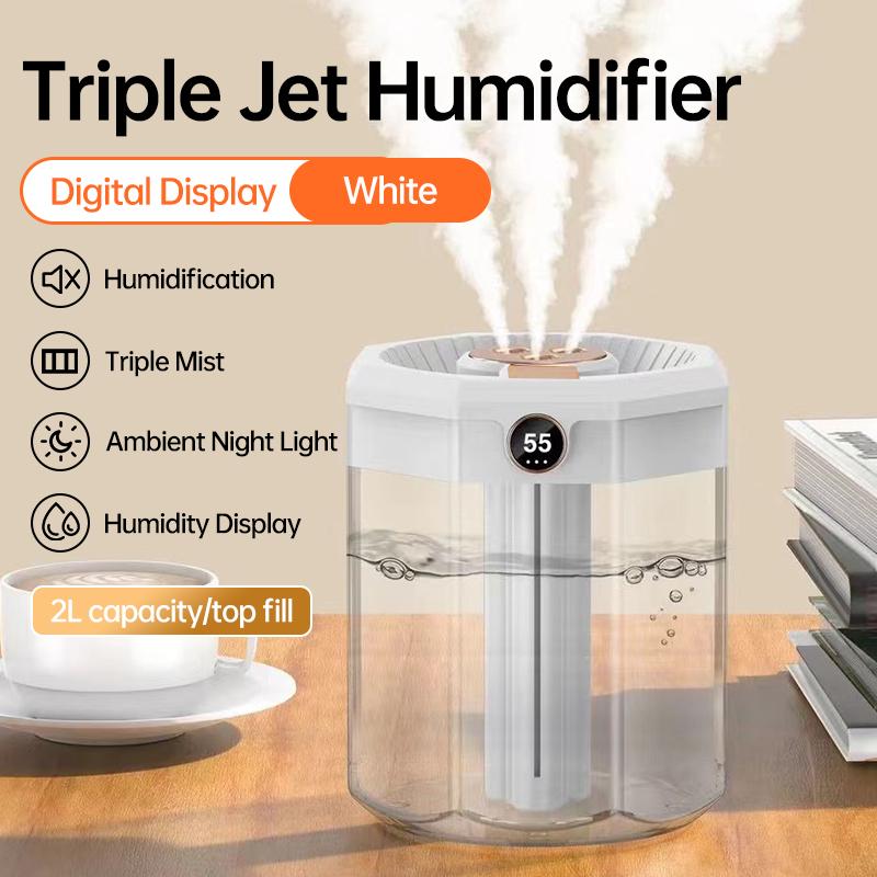 USB Digital Display 2-Liter Silent Humidifier Disinfection Night Light Three-Spray Modes Pregnant Women Offices Household Hotels