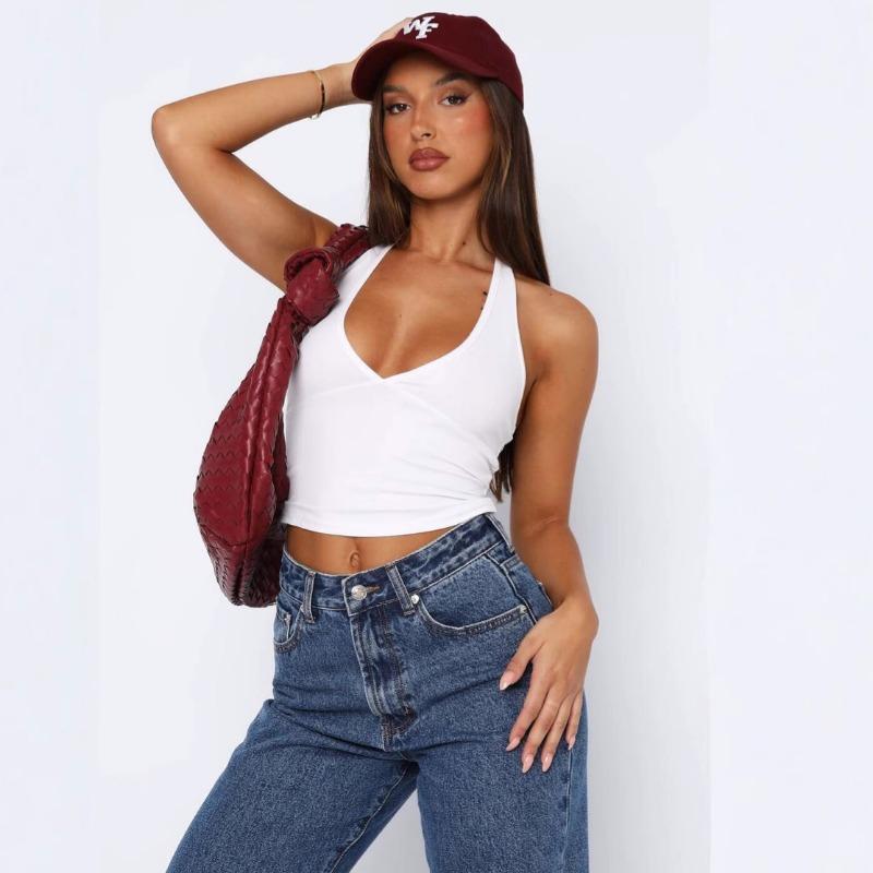 Women Sexy Halter V Neck Slim Fit Backless Cami Tank Top S