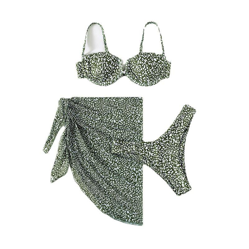 2025 Multicolor Leopard Mesh Skirted Swimsuit with Steel Underwire and Sexy Hollow Out, Three-Piece Bikini