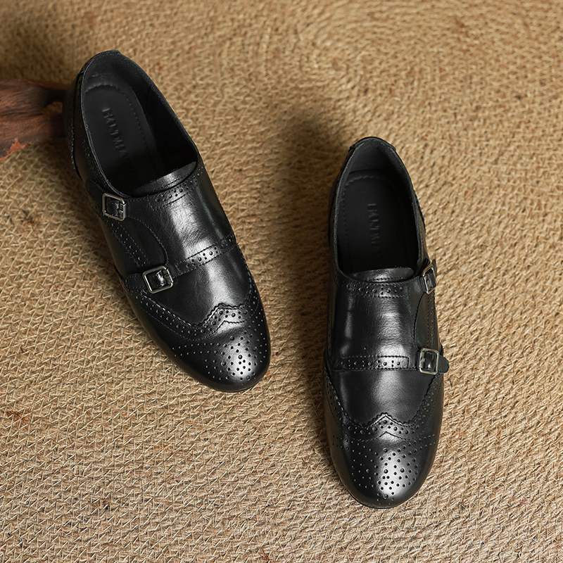 Krazing Pot Cow Skin Fashion Spring Autumn Low Heels metal buckle Oxford Shoes Women Round Toe Leisure Brogues flats
