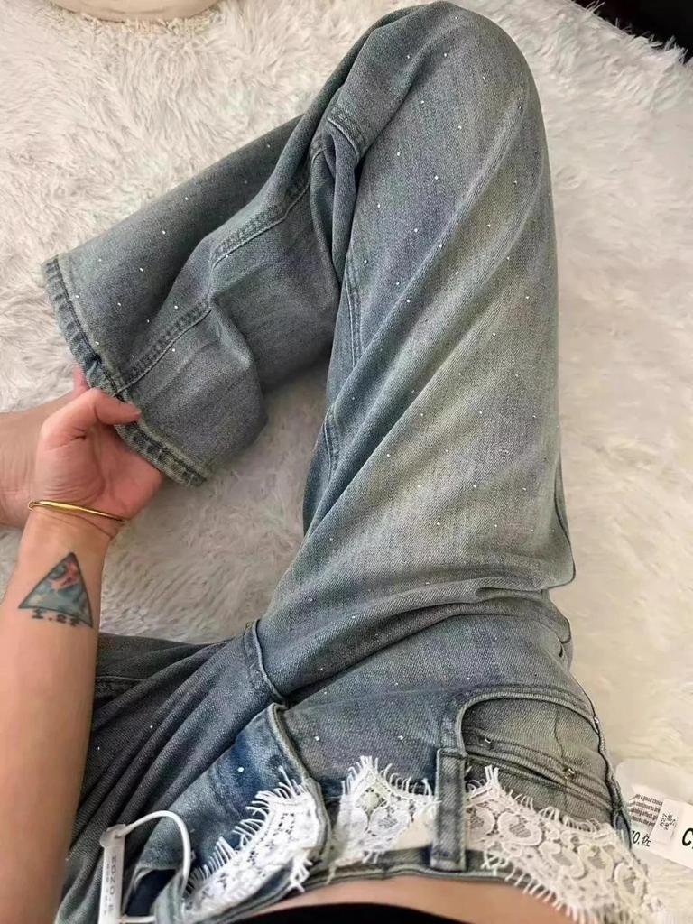 Women's High Waist Rhinestone Jeans - Wide Leg, Loose Fit, Floor Length, Summer Style