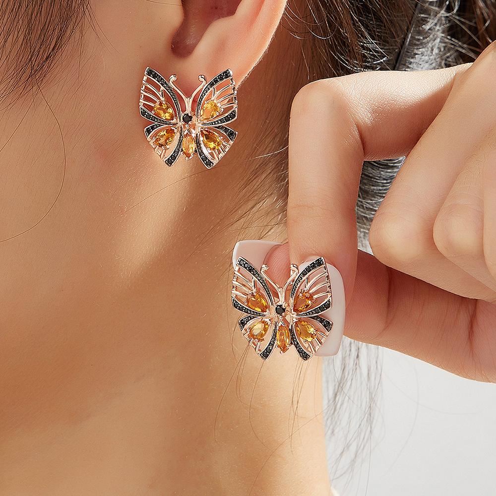 Fancy Butterfly Style  Silver Jewelry Set Earrings Ring Natural Citrine Gemstone Light Luxury Jewelry for Girls Birthday