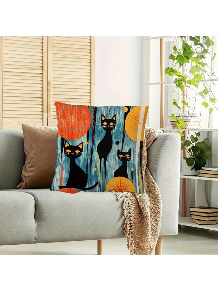 1Pc Mid-Century Black Cat Throw Pillow Cover, 2D Double-Sided Print Soft Polyester Cushion Case For Home Sofa Bedroom Car Decor