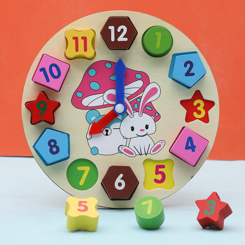 Non-Toxic Children'S Wooden Cartoon Animal Clock Teaching Aid Early Education Time Color Shape Matching Building Blocks Educational Toys