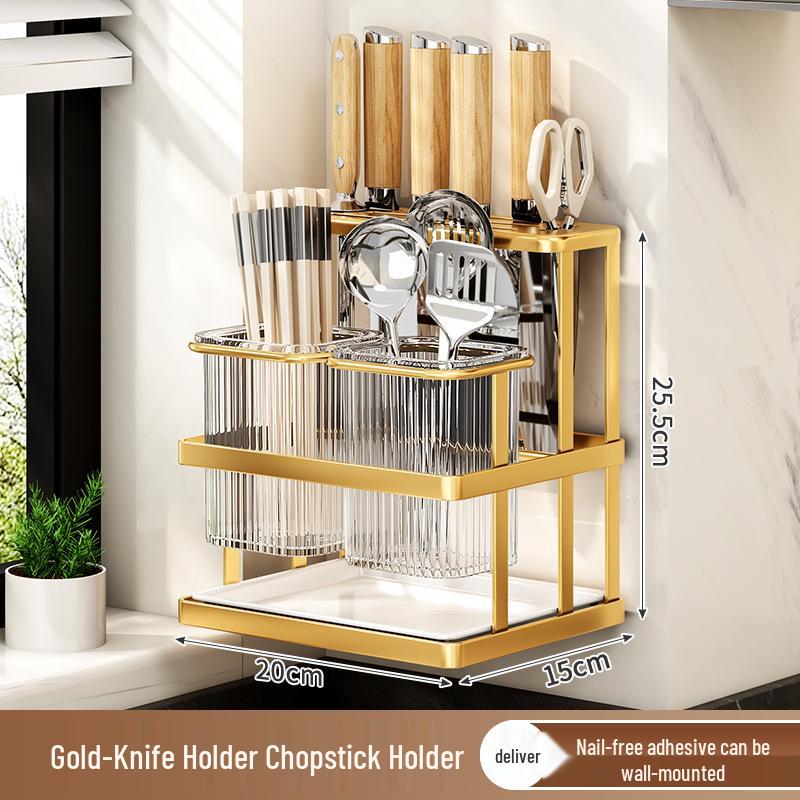 Wall-Mounted Multifunctional Kitchen Knife & Cutlery Holder with Drainer
